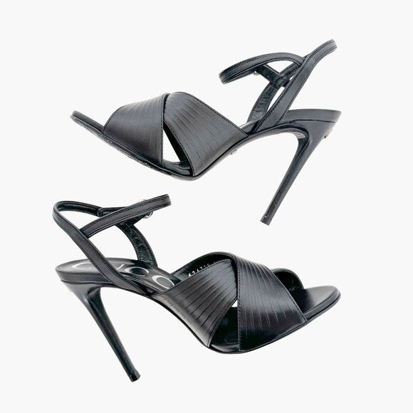 Gucci Betsey 105 Criss-Cross Strap Sandals EU 38 US 8 Black Leather High Heel - Picture 8 of 16